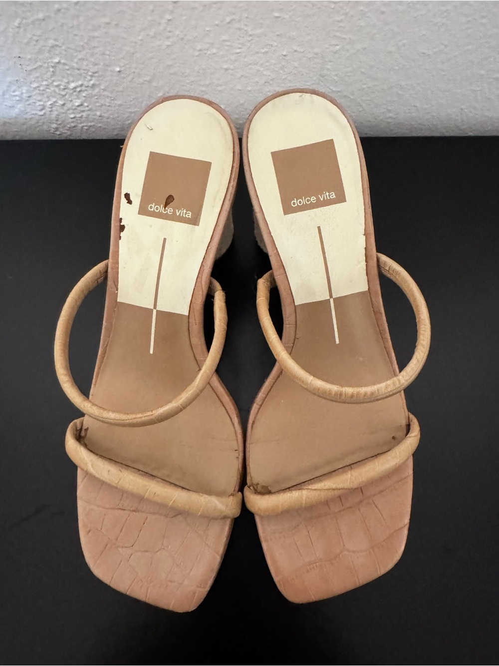 Dolce Vita Tan Croc-Embossed Double Strap Heel Sandals w/ Pony Hair Heel - Picture 4 of 12